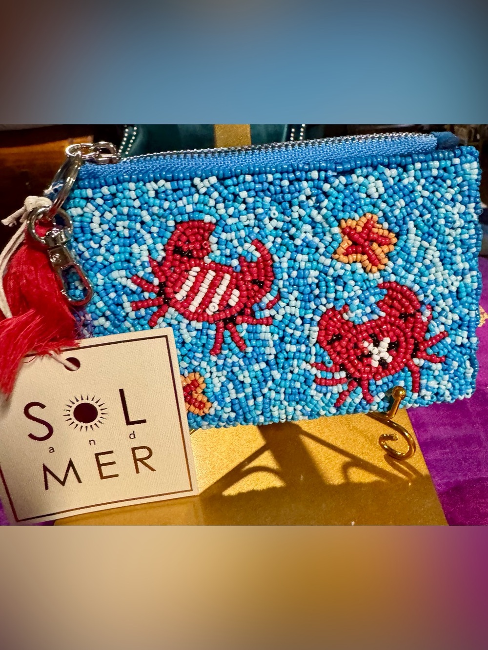 NWT Sol & Mer Beaded Crabs Starfish Key and Cardholder Blue